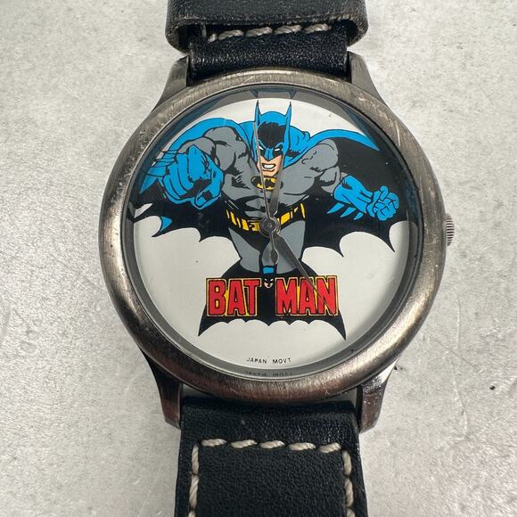 VTG Fossil Batman Watch 32mm Round Silver Tone Black Band BA-6307 New Battery - Picture 1 of 9